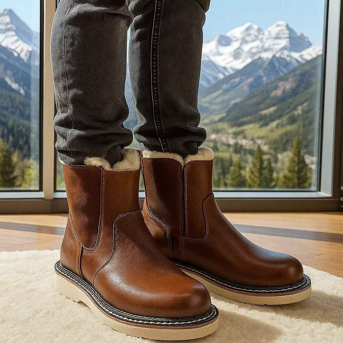 Men's Sheepskin Lined Winter Snow Boots – Waterproof Cowhide Leather, Mid-Calf, Side Zipper, EU 38–44, Black & Brown