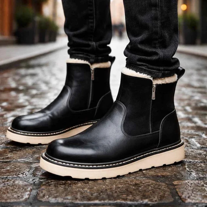 Men's Sheepskin Lined Winter Snow Boots – Waterproof Cowhide Leather, Mid-Calf, Side Zipper, EU 38–44, Black & Brown
