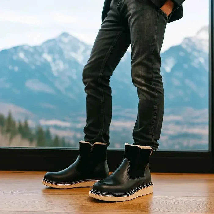 Men's Sheepskin Lined Winter Snow Boots – Waterproof Cowhide Leather, Mid-Calf, Side Zipper, EU 38–44, Black & Brown
