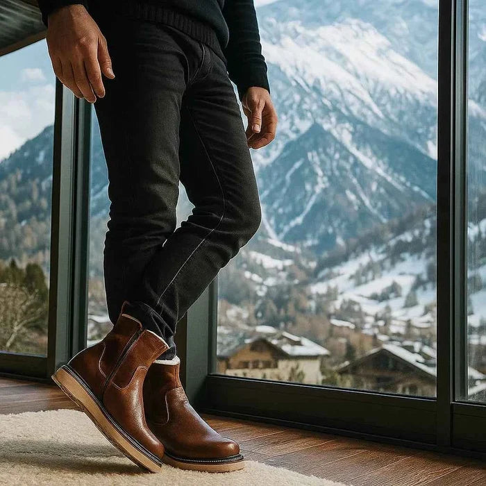 Men's Sheepskin Lined Winter Snow Boots – Waterproof Cowhide Leather, Mid-Calf, Side Zipper, EU 38–44, Black & Brown
