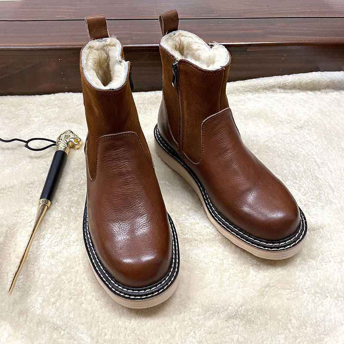 Men's Sheepskin Lined Winter Snow Boots – Waterproof Cowhide Leather, Mid-Calf, Side Zipper, EU 38–44, Black & Brown