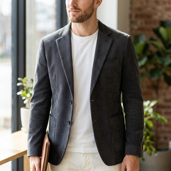 Men's Slim-Fit Corduroy Suit Jacket – Two-Button Textured Blazer for Business and Smart Casual