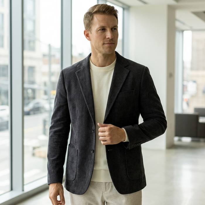 Men's Slim-Fit Corduroy Suit Jacket – Two-Button Textured Blazer for Business and Smart Casual