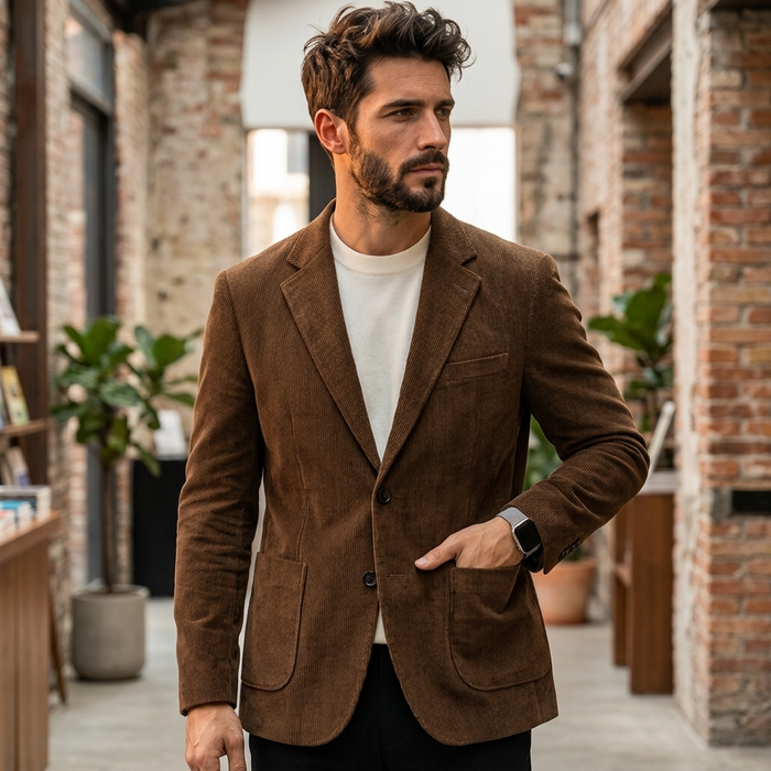 Men's Slim-Fit Corduroy Suit Jacket – Two-Button Textured Blazer for Business and Smart Casual