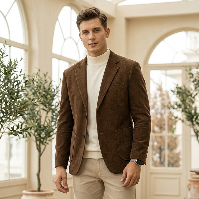 Men's Slim-Fit Corduroy Suit Jacket – Two-Button Textured Blazer for Business and Smart Casual