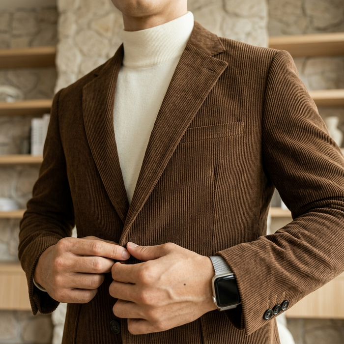 Men's Slim-Fit Corduroy Suit Jacket – Two-Button Textured Blazer for Business and Smart Casual