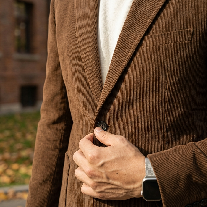 Men's Slim-Fit Corduroy Suit Jacket – Two-Button Textured Blazer for Business and Smart Casual