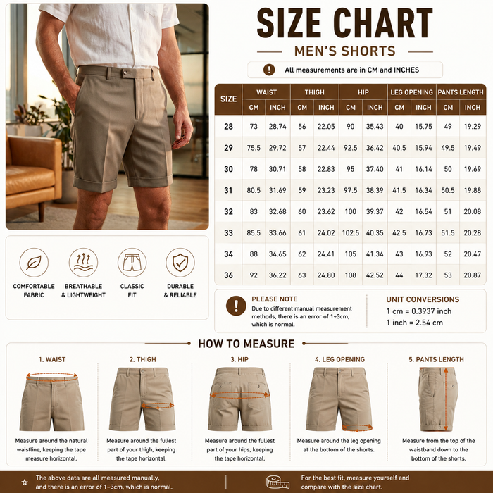 Men's Slim Fit Cuffed Dress Shorts - British Style Summer Shorts