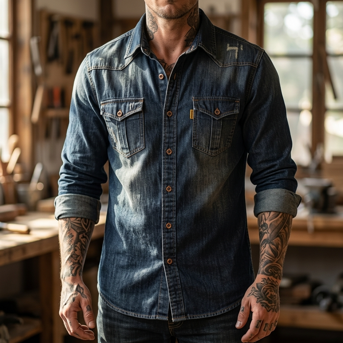 Men's Slim Fit Denim Workwear Shirt - Long Sleeve Button-Up