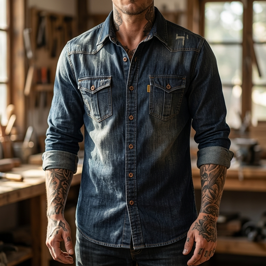 Men's Slim Fit Denim Workwear Shirt - Long Sleeve Button-Up