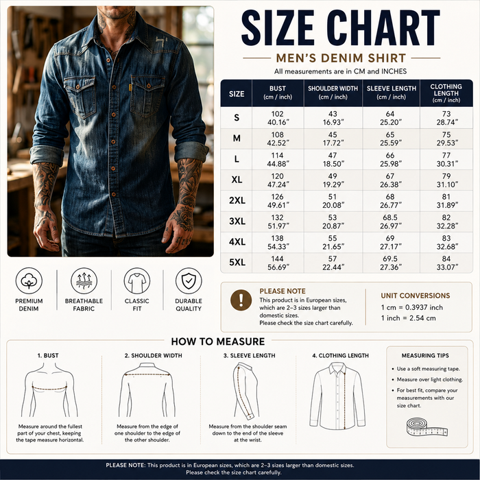 Men's Slim Fit Denim Workwear Shirt - Long Sleeve Button-Up