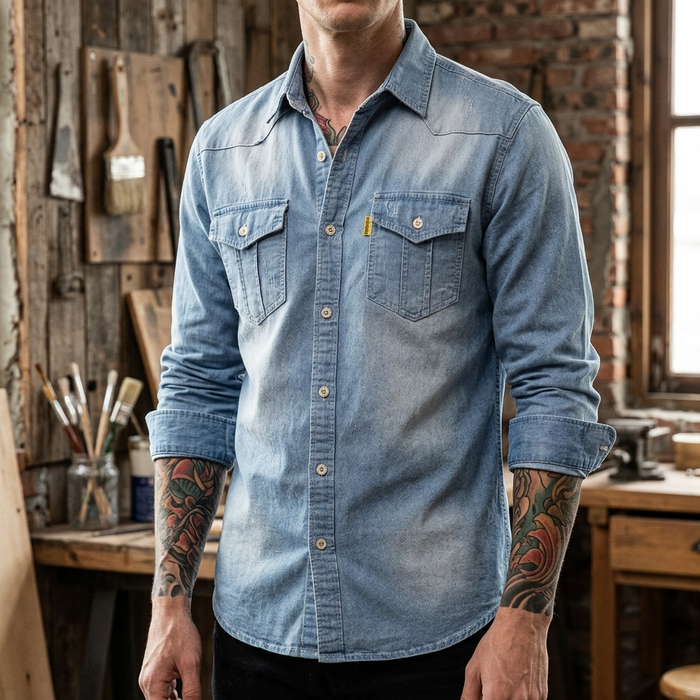 Men's Slim Fit Denim Workwear Shirt - Long Sleeve Button-Up
