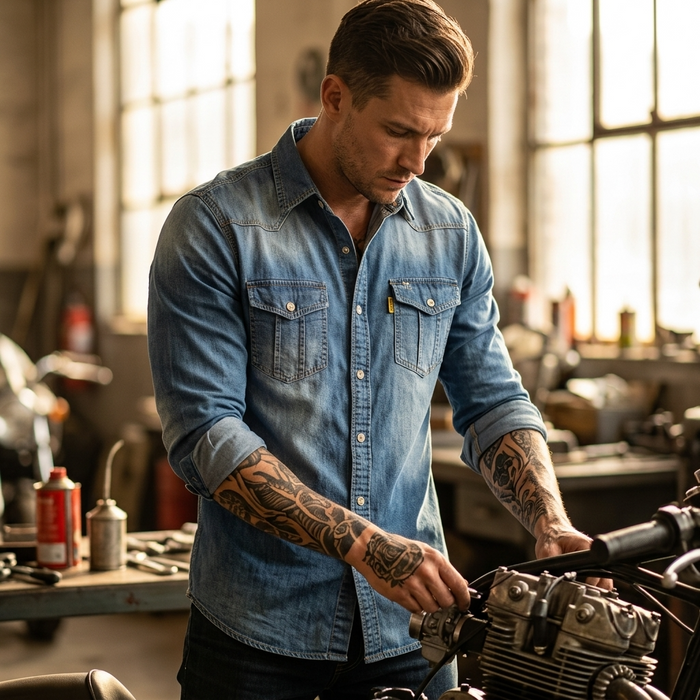 Men's Slim Fit Denim Workwear Shirt - Long Sleeve Button-Up