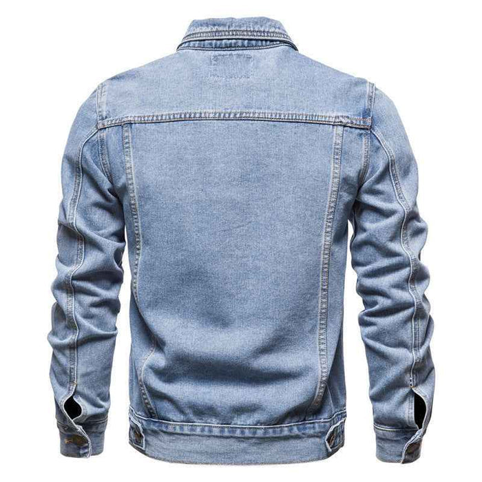 Men's Slim-Fit Lightweight Blue Jacket – Minimal Lapel, No Collar, Solid Color