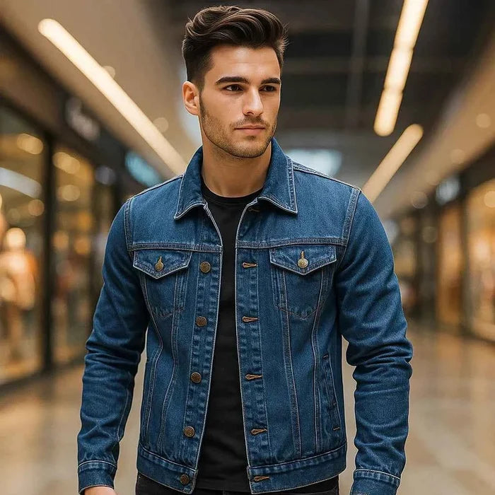 Men's Slim-Fit Lightweight Blue Jacket – Minimal Lapel, No Collar, Solid Color