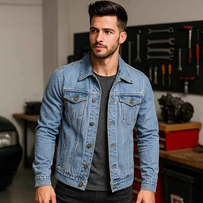 Men's Slim-Fit Lightweight Blue Jacket – Minimal Lapel, No Collar, Solid Color