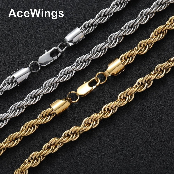 Men's Stainless Steel Twist Chain Necklace – Hip-Hop Style 18K Gold/Silver Plated Chain with Durable Finish & Multiple Length Options