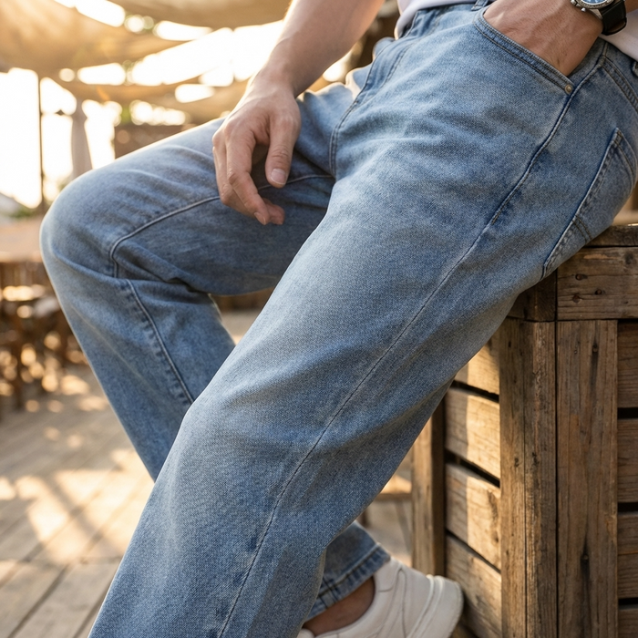 Men’s Stretch Wide Leg Denim Jeans – Lightweight Ice Silk Blend Pants with Breathable Fabric, Straight Fit & Modern Casual Style