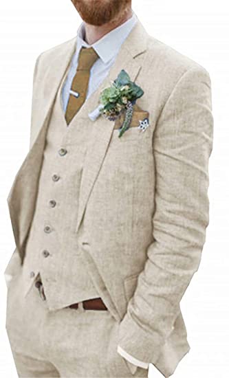 Men's Suit 3 Pieces Blue Linen For Men Casual Wedding Groom Tuxeo Suits