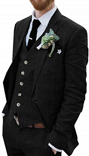 Men's Suit 3 Pieces Blue Linen For Men Casual Wedding Groom Tuxeo Suits