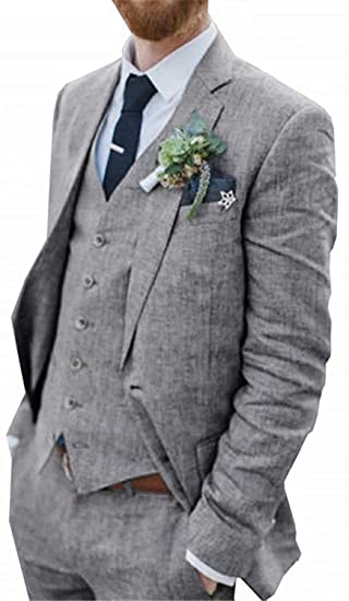 Men's Suit 3 Pieces Blue Linen For Men Casual Wedding Groom Tuxeo Suits