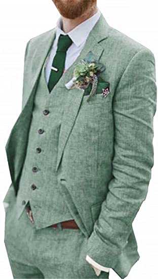 Men's Suit 3 Pieces Blue Linen For Men Casual Wedding Groom Tuxeo Suits