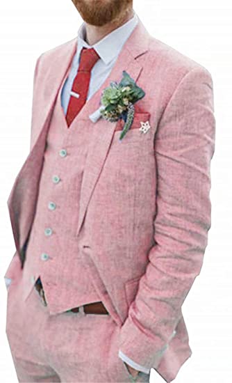 Men's Suit 3 Pieces Blue Linen For Men Casual Wedding Groom Tuxeo Suits