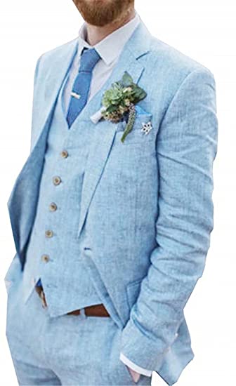 Men's Suit 3 Pieces Blue Linen For Men Casual Wedding Groom Tuxeo Suits