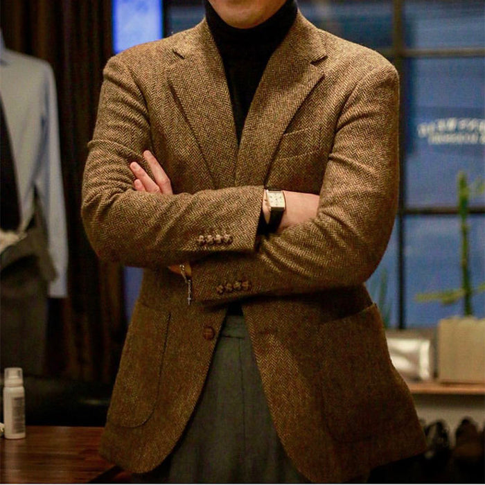 Men's Suit Tweed Jacket Herringbone Brown Shawl Lapel Slim Fit Casual Business Wedding Prom