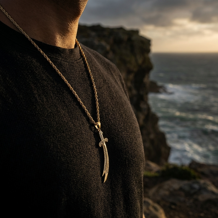 Men's Sword Pendant Necklace – Gold Plated Twist Chain with Zircon Inlay Stainless Steel