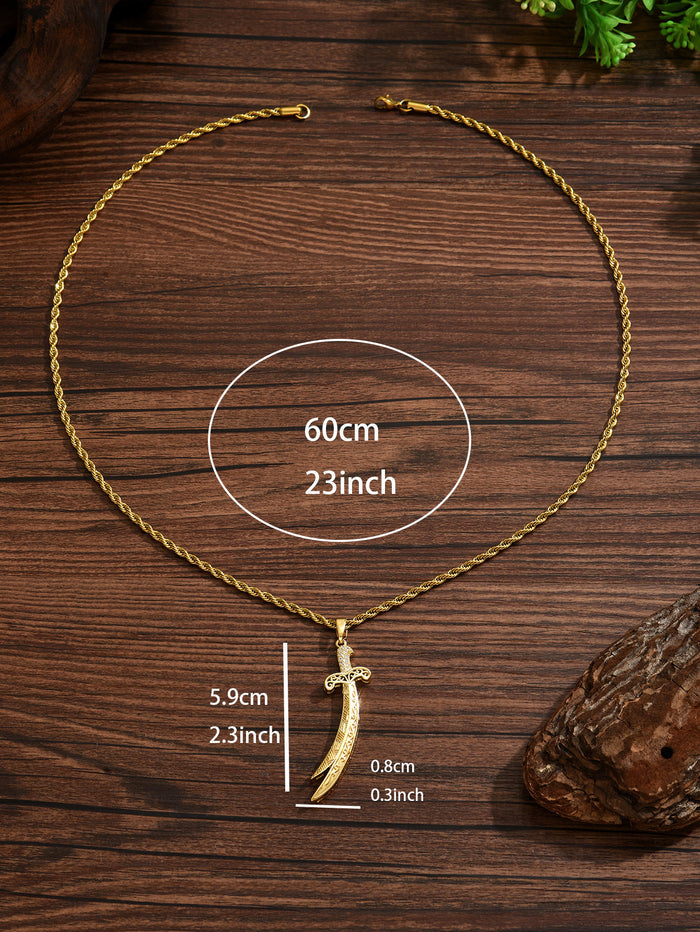 Men's Sword Pendant Necklace – Gold Plated Twist Chain with Zircon Inlay Stainless Steel