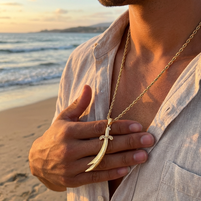 Men's Sword Pendant Necklace – Gold Plated Twist Chain with Zircon Inlay Stainless Steel