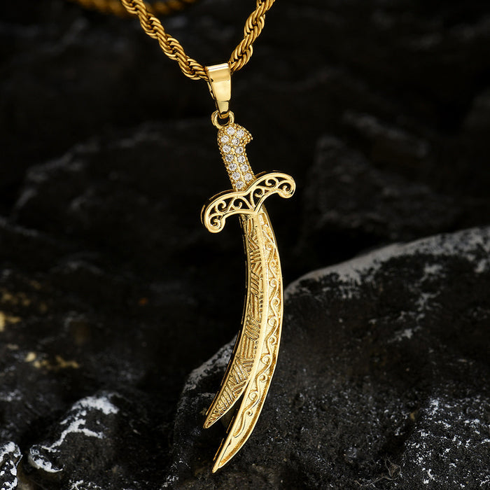 Men's Sword Pendant Necklace – Gold Plated Twist Chain with Zircon Inlay Stainless Steel