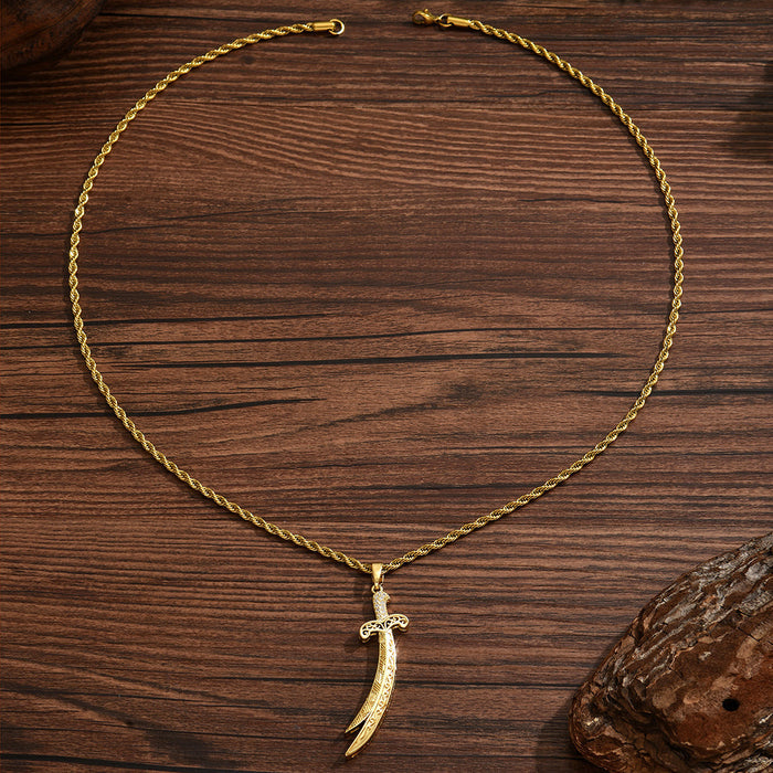 Men's Sword Pendant Necklace – Gold Plated Twist Chain with Zircon Inlay Stainless Steel