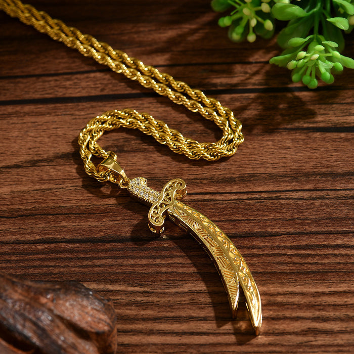 Men's Sword Pendant Necklace – Gold Plated Twist Chain with Zircon Inlay Stainless Steel