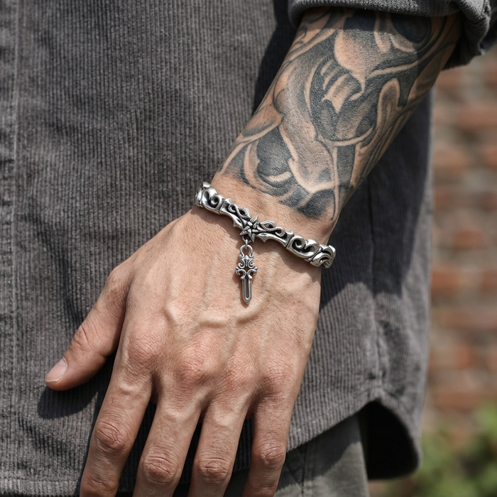 Men's Thai Silver Plated Bracelet – Retro Gothic Cross & Star Heavy Chain with Vine Engraving, ~20g