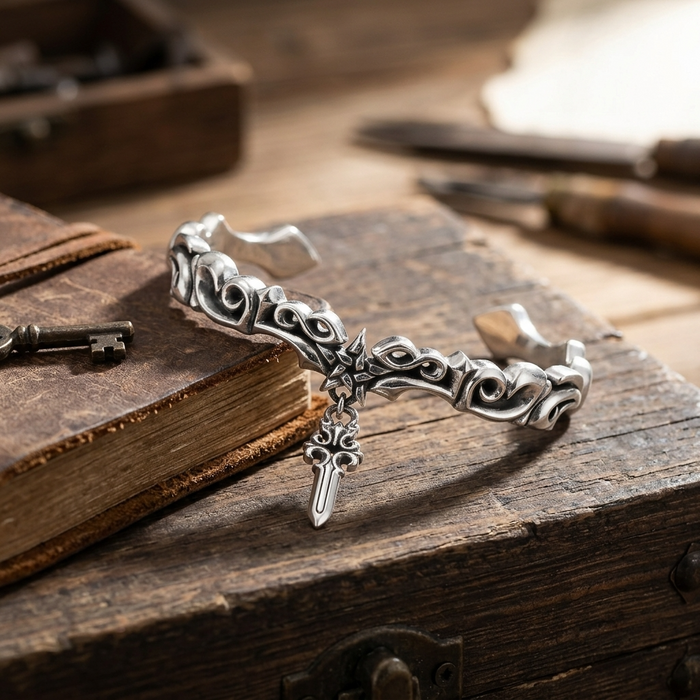 Men's Thai Silver Plated Bracelet – Retro Gothic Cross & Star Heavy Chain with Vine Engraving, ~20g
