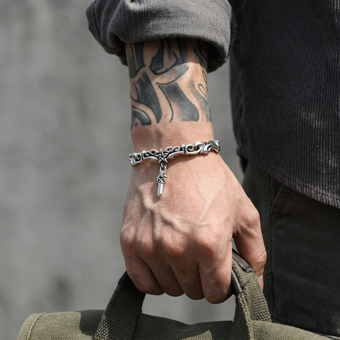 Men's Thai Silver Plated Bracelet – Retro Gothic Cross & Star Heavy Chain with Vine Engraving, ~20g