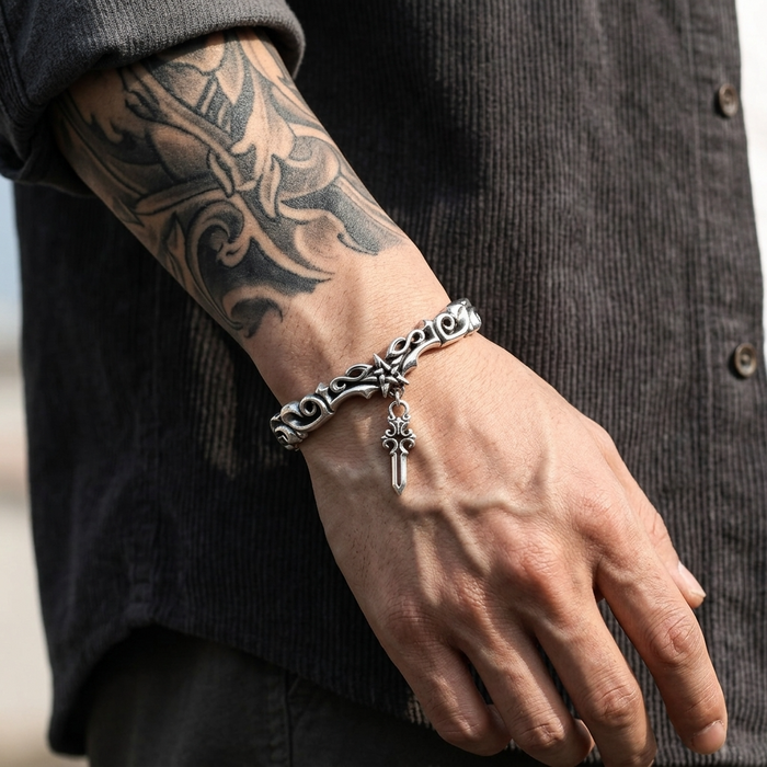 Men's Thai Silver Plated Bracelet – Retro Gothic Cross & Star Heavy Chain with Vine Engraving, ~20g