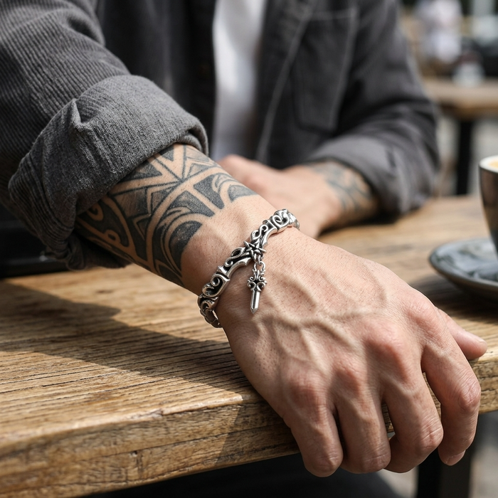Men's Thai Silver Plated Bracelet – Retro Gothic Cross & Star Heavy Chain with Vine Engraving, ~20g