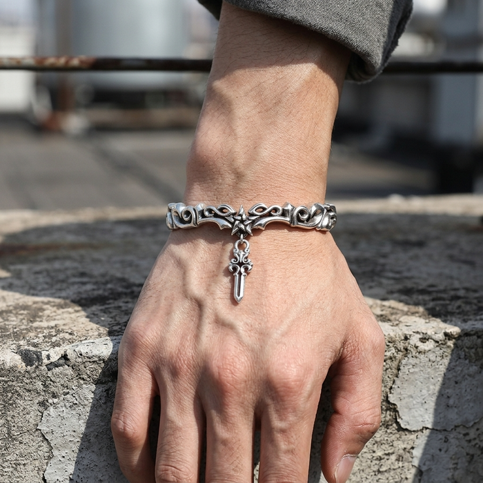 Men's Thai Silver Plated Bracelet – Retro Gothic Cross & Star Heavy Chain with Vine Engraving, ~20g
