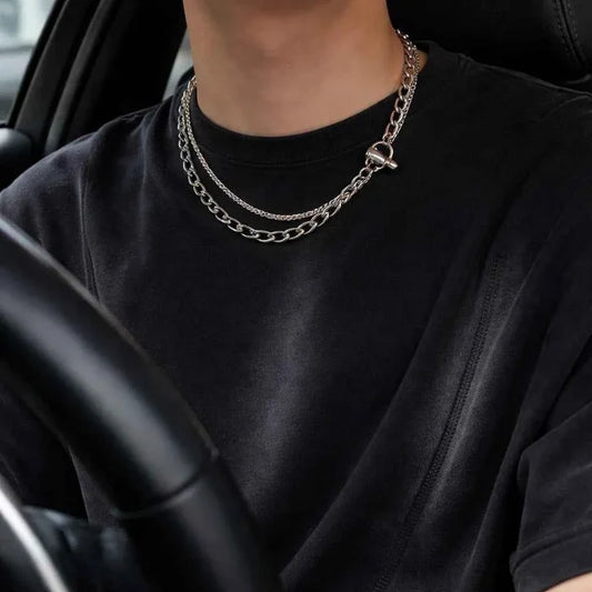 Men's Titanium Steel Double-Layer Geometric Chain Necklace – OT Buckle Electroplated Finish