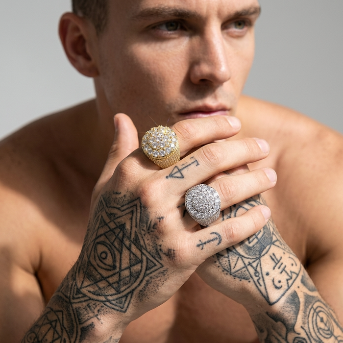 Men's Trendy Retro Flower Diamond Ring – Gold Plated Geometric Hip-Hop Statement Band