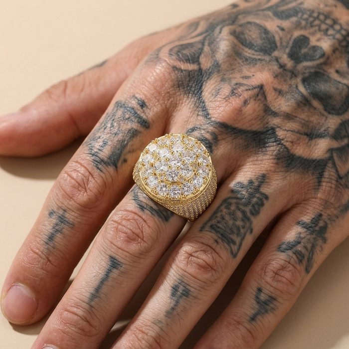 Men's Trendy Retro Flower Diamond Ring – Gold Plated Geometric Hip-Hop Statement Band