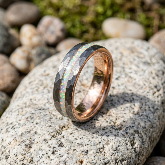 Men's Tungsten Rose Gold Hammered Ring – Crushed Opal Inlay