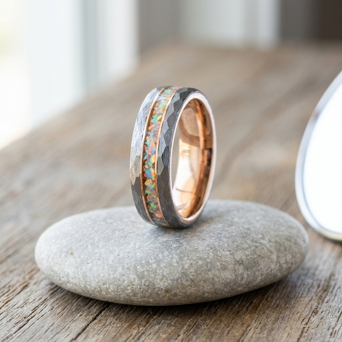 Men's Tungsten Rose Gold Hammered Ring – Crushed Opal Inlay