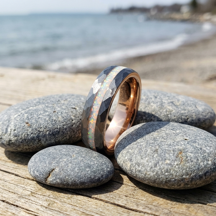 Men's Tungsten Rose Gold Hammered Ring – Crushed Opal Inlay