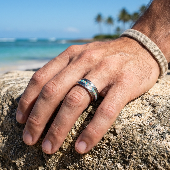 Men's Tungsten Rose Gold Hammered Ring – Crushed Opal Inlay