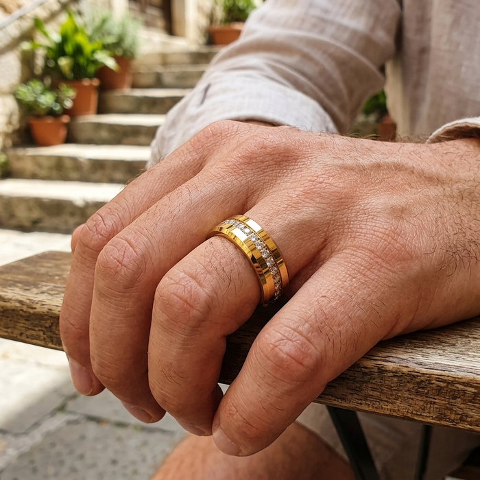 Men's Tungsten Steel Zircon Inlay Gold Ring