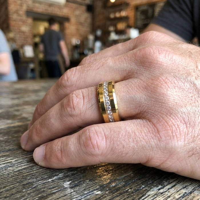 Men's Tungsten Steel Zircon Inlay Gold Ring